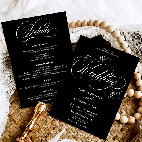Chic white black all in one calligraphy wedding  invitation