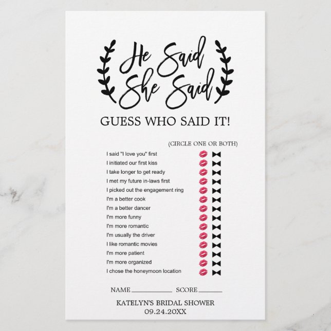 Chic White Black Branches "He Said She Said" Game Flyer (Front)