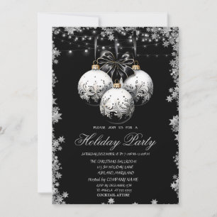 Chic White Black Christmas Balls Stars Holiday Invitation