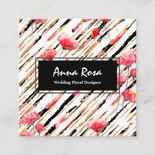  Chic White Black Floral Red Poppy Glitter Foil Square Business Card