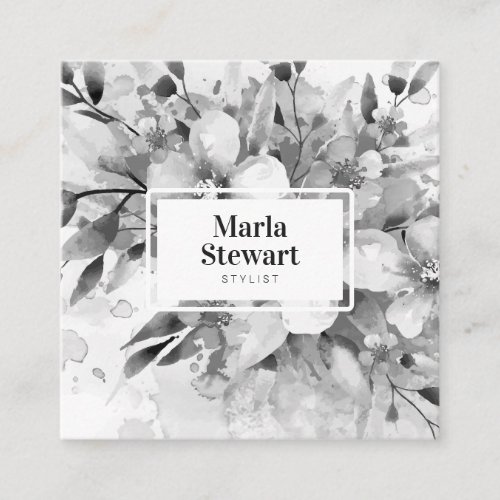 Chic white black floral watercolor elegant modern square business card