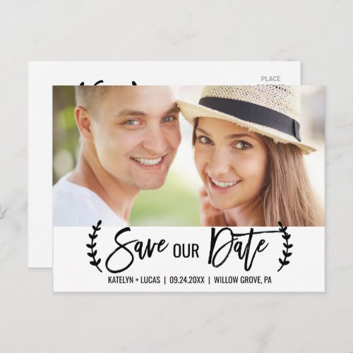 Chic White Black Olive Branch Save our Date Photo Announcement Postcard
