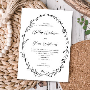 Chic White Black Rustic Wildflower Wreath Wedding Invitation
