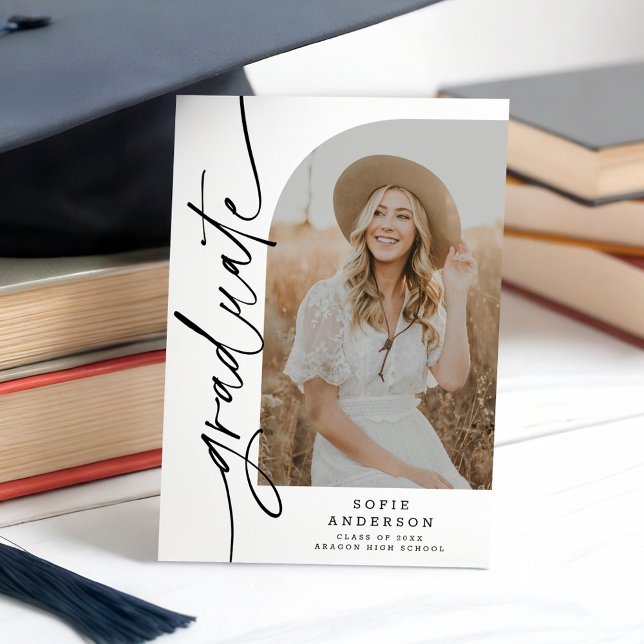 Chic White & Black Script Arch Graduation Photo Announcement (Creator Uploaded)