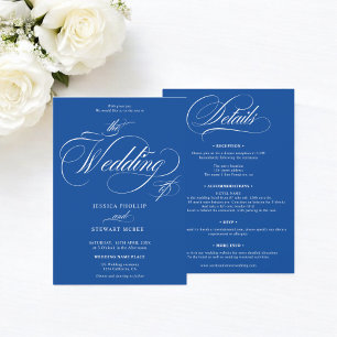 Chic white blue all in one calligraphy wedding invitation