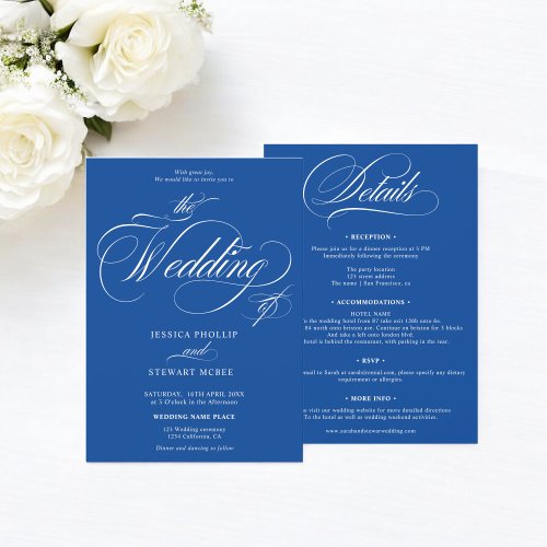 Chic white blue all in one calligraphy wedding  invitation