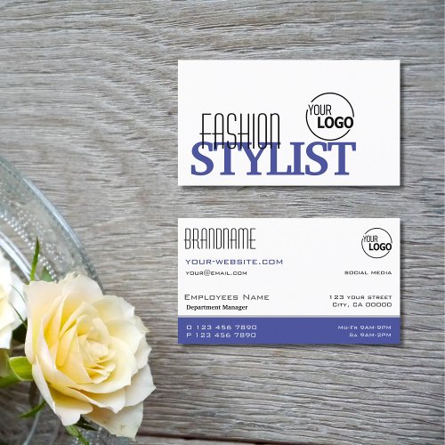 Chic White Blue and Black Simple Stylish with Logo Business Card