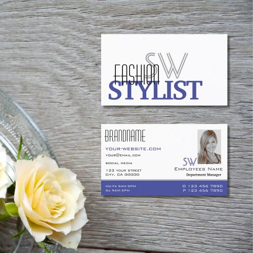 Chic White Blue Black Simple Monogram and Photo Business Card