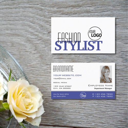 Chic White Blue Black Simple with Logo and Photo Business Card