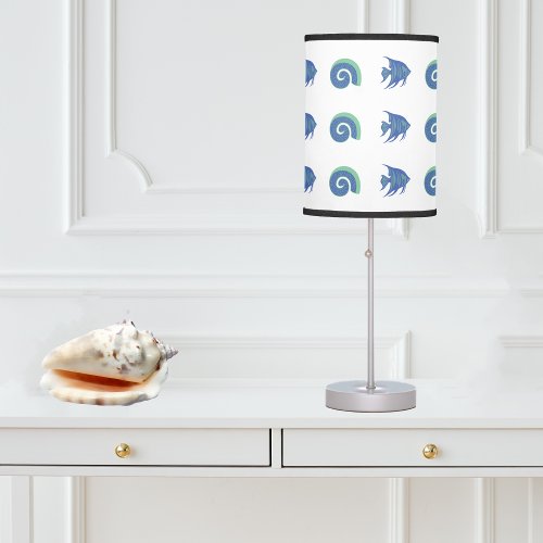 Chic White Blue Fish and Shell Beach House Table Lamp