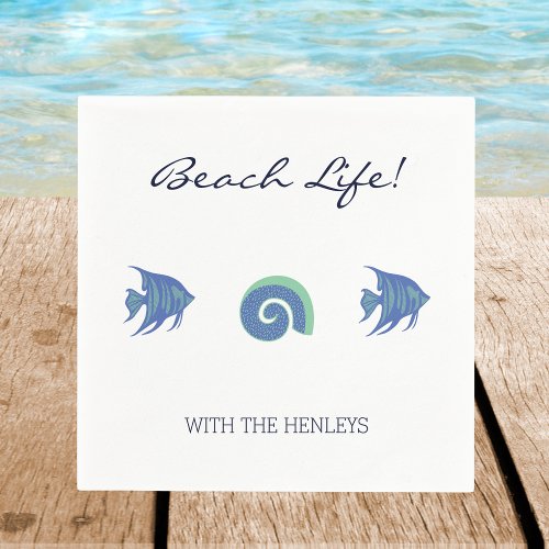 Chic White Blue Fish and Shells Family Beach House Napkins