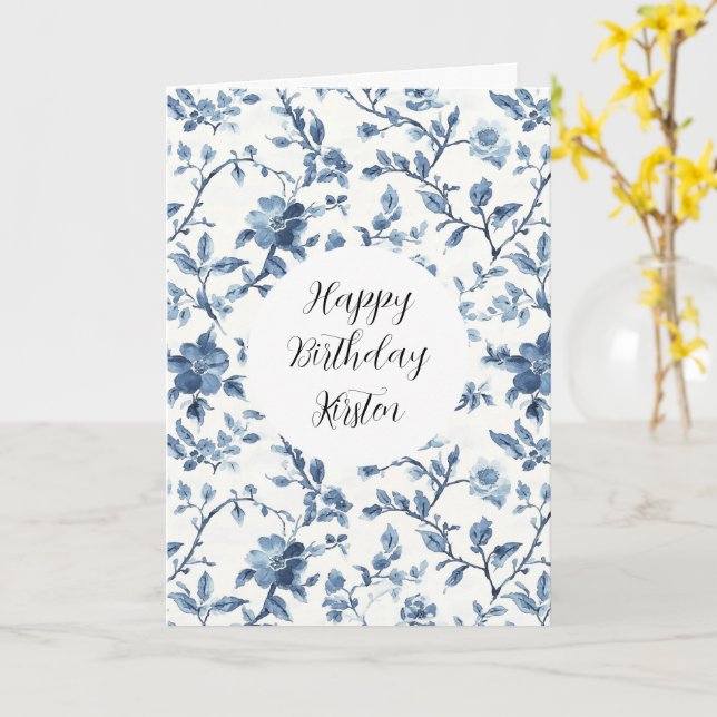 Chic White Blue Floral Birthday Card (Yellow Flower)