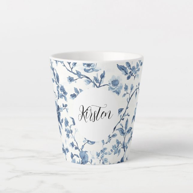 Chic White Blue Floral   Latte Mug (Front)