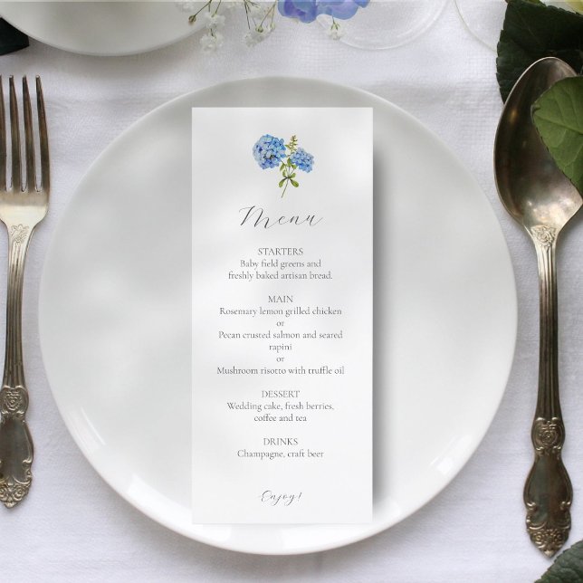 Chic White & Blue Hydrangea Wedding Menu (Creator Uploaded)