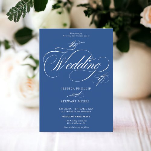 Chic white blue photo calligraphy wedding invitation