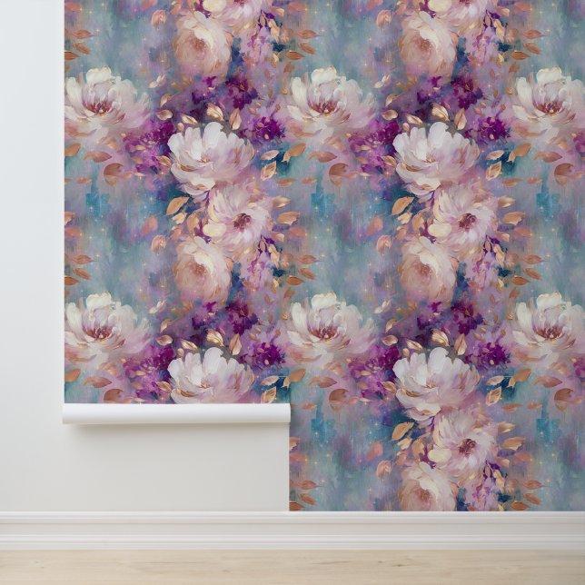Chic White Blue Purple Floral Wallpaper (Application)