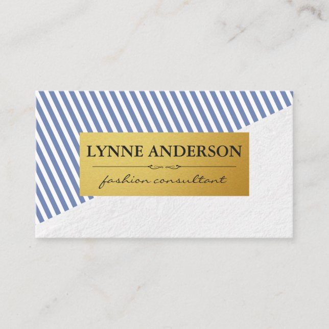 Chic White Blue Stripes Pattern Faux Metallic Gold Business Card (Front)
