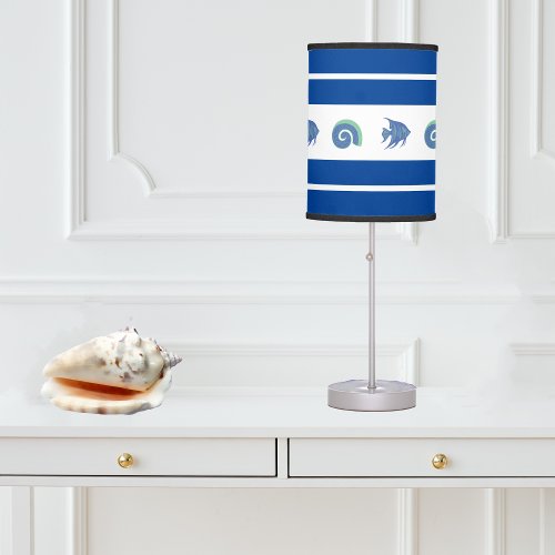 Chic White Blue Stripes Shell and Fish Beach House Table Lamp