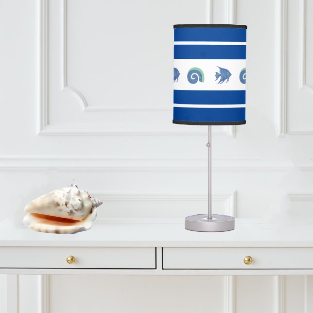 Chic White Blue Stripes Shell and Fish Beach House Table Lamp (Creator Uploaded)
