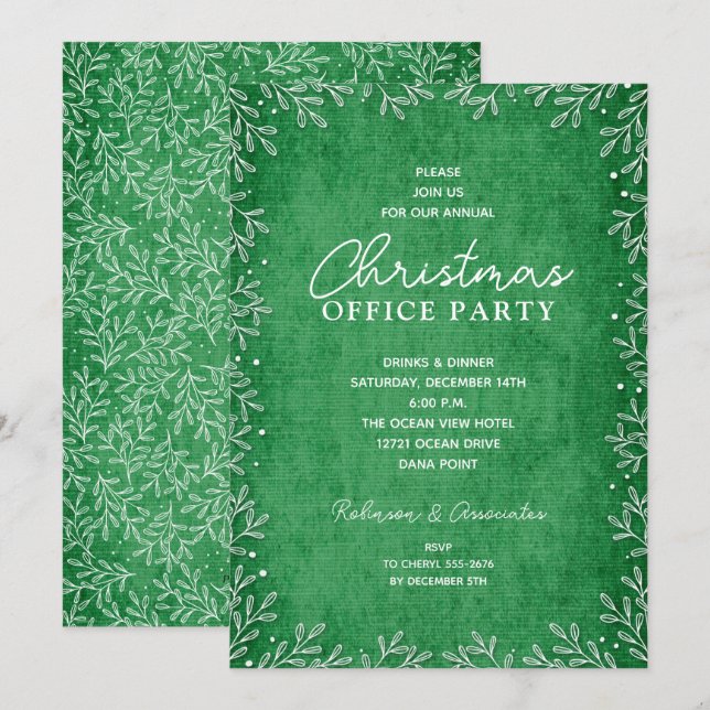 Chic White Botanicals Green Christmas Invitations (Front/Back)