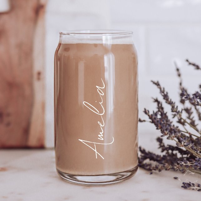 Chic White Calligraphy Script Monogram Can Glass (Creator Uploaded)