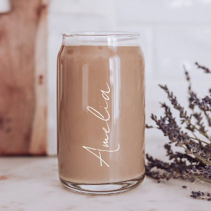 Chic White Calligraphy Script Monogram Can Glass