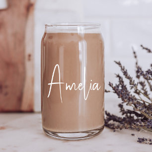 Chic White Calligraphy Script Monogram Can Glass