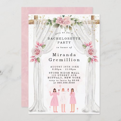 Chic White Canopy Pink Floral Bachelorette Party  Invitation