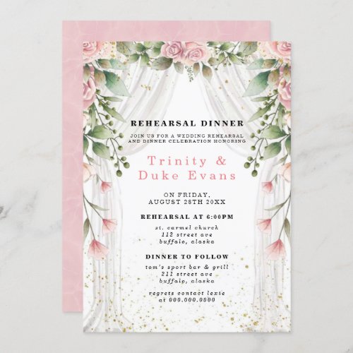 Chic White Canopy Pink Floral Rehearsal Dinner Invitation