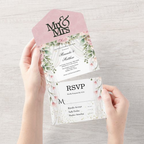 Chic White Canopy Pink Watercolor Floral Wedding All In One Invitation