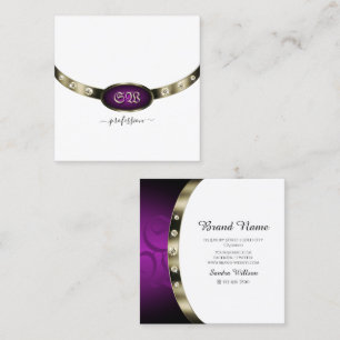 Chic White Chrome Silver Purple Monogram Diamonds Square Business Card