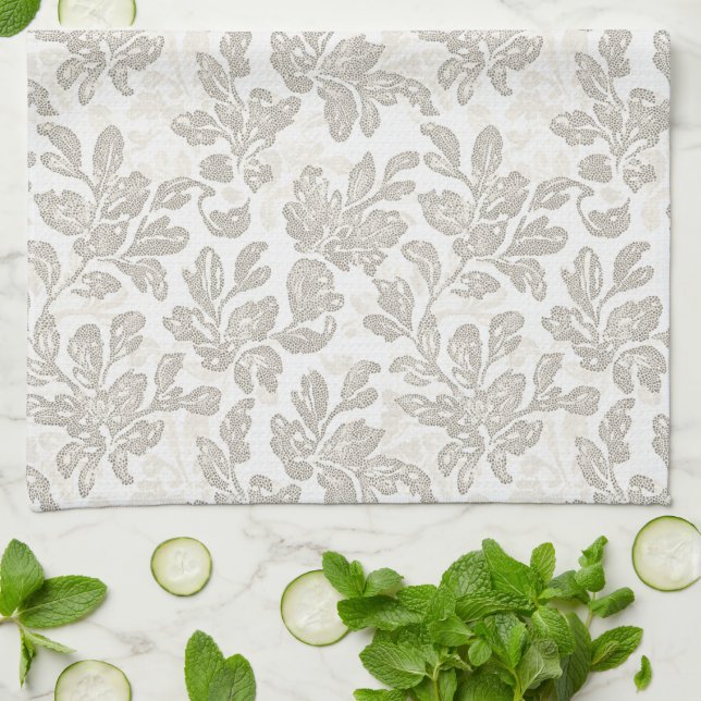 Chic White Cream Floral Kitchen Towel (Folded)