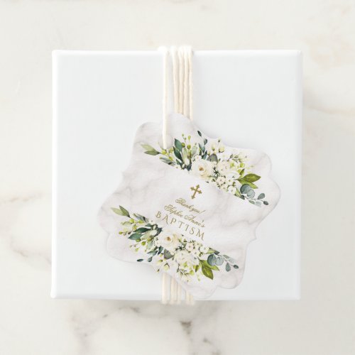 Chic White Cream Flowers Gold Cross Marble Baptism Favor Tags