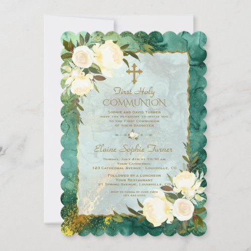Chic White Cream Flowers Gold First Holy Communion Invitation