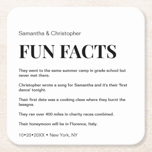 Chic White custom fun fact list Wedding  Square Paper Coaster