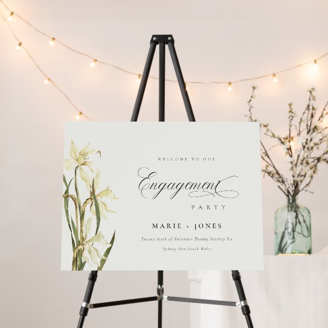Chic White Daffodil Floral Engagement Welcome Foam Board (In Situ (Stand))