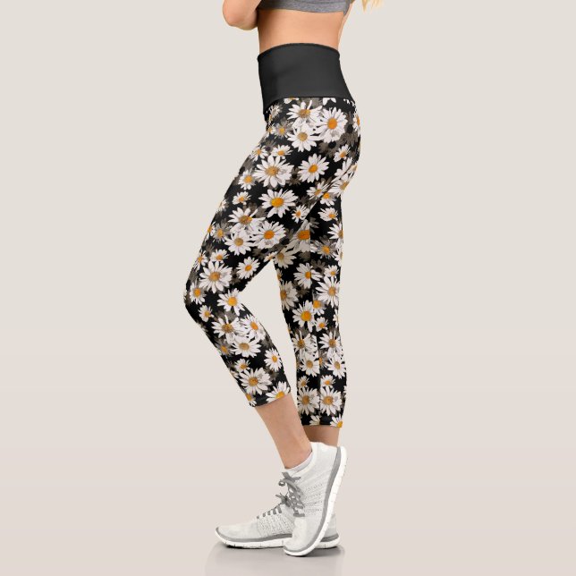 Chic White Daisies on Black Floral Pattern Capri Leggings (Left)