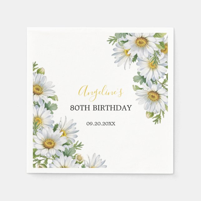 Chic White Daisy Floral Greenery Birthday Napkins (Front)
