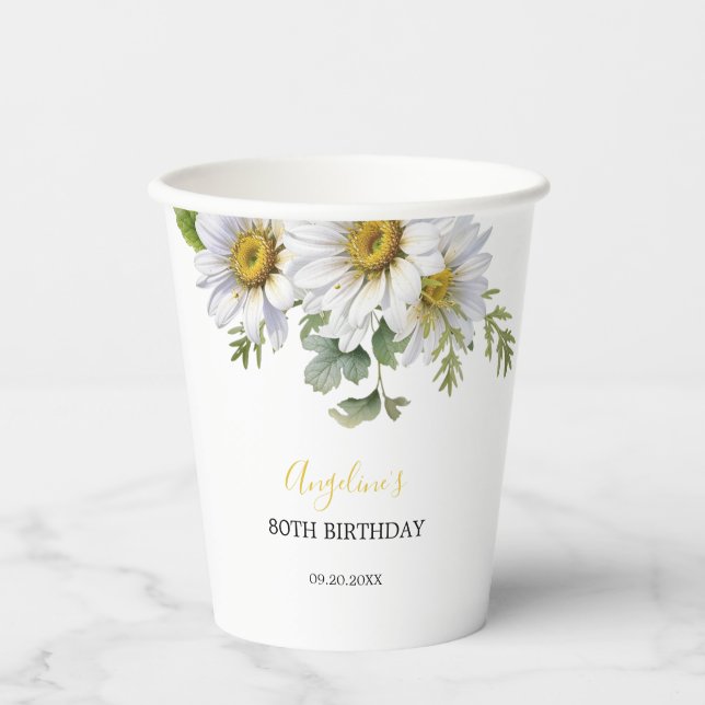 Chic White Daisy Floral Greenery Birthday Paper Cups (Front)