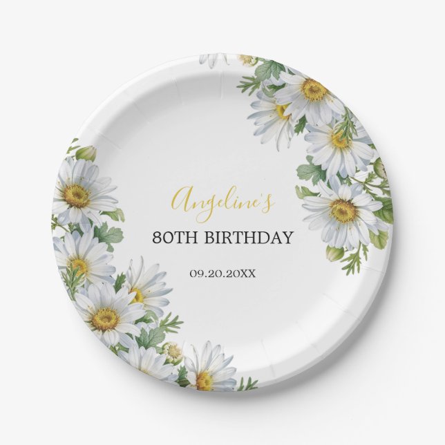 Chic White Daisy Floral Greenery Birthday Paper Plates (Front)