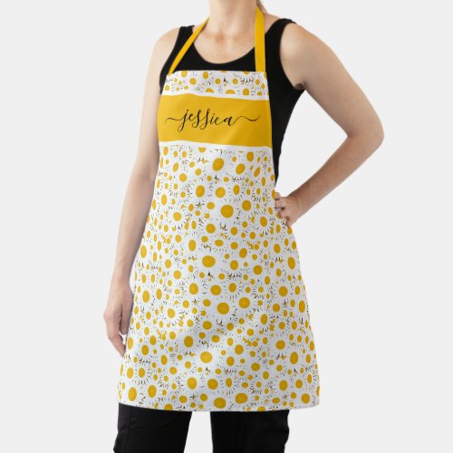 Chic white daisy script name apron