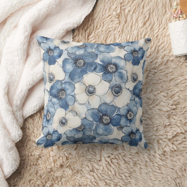 Chic White Denim Blue Flowers Bridal Shower Throw Pillow (Blanket)