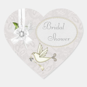 Chic White Dove Paisley Lace & Cameo Bridal Shower Heart Sticker