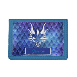 Chic White Dragon Head & Blue Dragon Scales Trifold Wallet