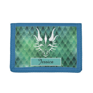 Chic White Dragon Head & Green Dragon Scales Trifold Wallet