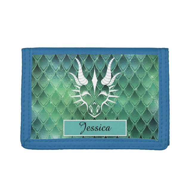 Chic White Dragon Head & Green Dragon Scales Trifold Wallet (Front)