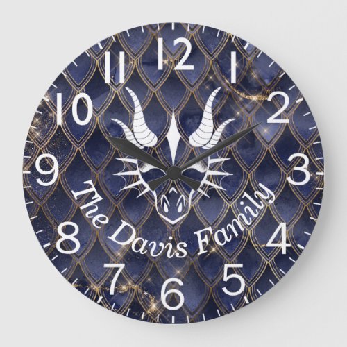 Chic White Dragon Head on Blue Dragon Scales Large Clock