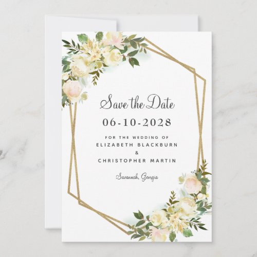 Chic White Elegant Wedding Gold Greenery Floral Save The Date