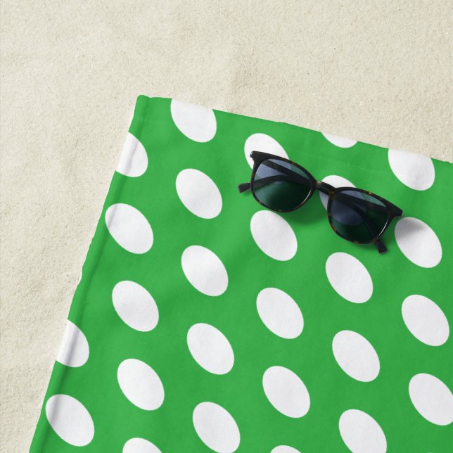 Chic White Elliptical Polka Dots On Bright Green Beach Towel (In Situ)