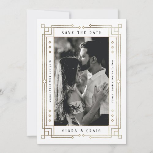 Chic White Faux Gold Foil Art Deco Save the Date Announcement